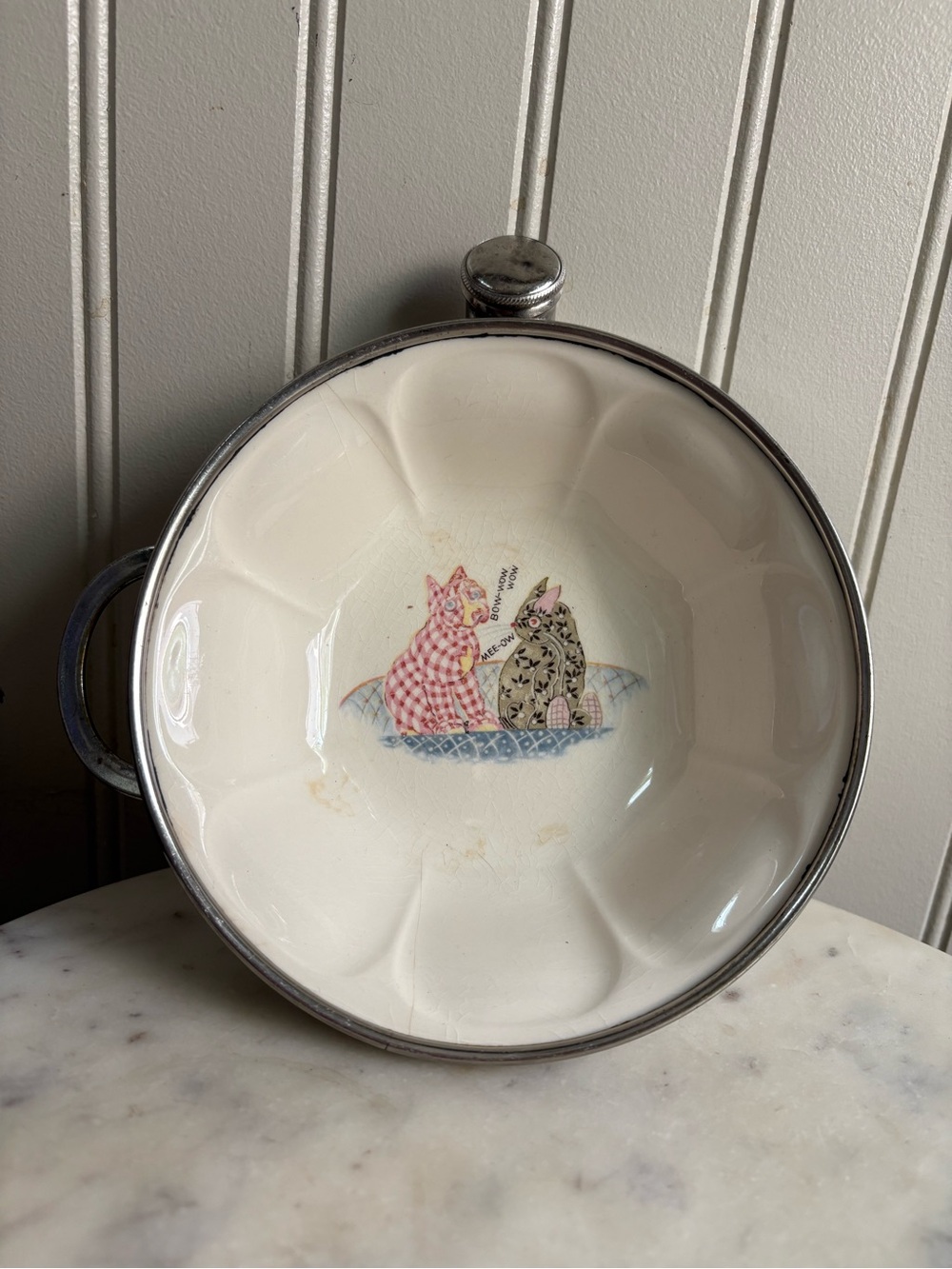 Vintage Excello Child’s Warming Dish Ceramic & Metal VTG Retro Collectible Cats